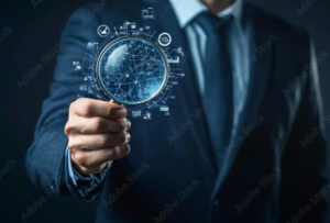 Businessman depicted examining safety, security and compliance elements with a magnifier emphasizing risk management and operational efficiency through symbolic icons