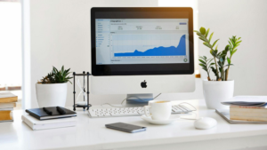 An office desk with a laptop
