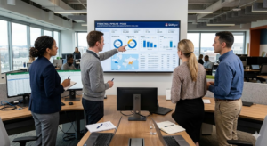 Government contractors analyzing SAM.gov opportunities with an AI pipeline dashboard