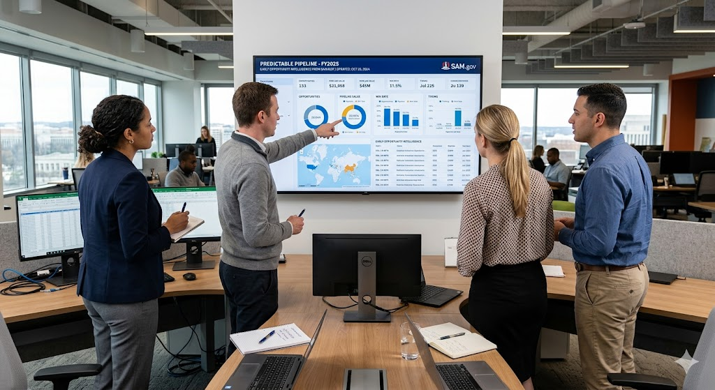 Government contractors analyzing SAM.gov opportunities with an AI pipeline dashboard
