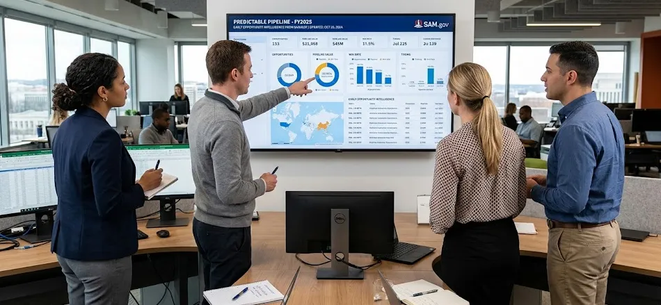 Government contractors analyzing SAM.gov opportunities with an AI pipeline dashboard